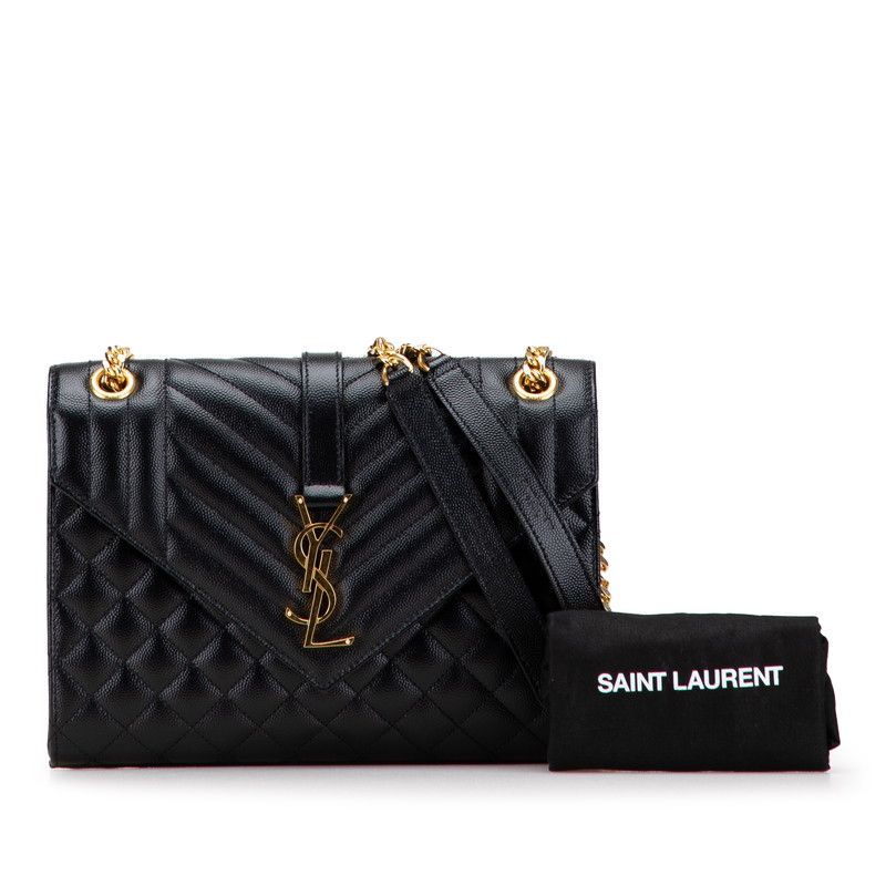 Saint Laurent Envelope Chain Shoulder Bag Handbag Black Gold Leather Women