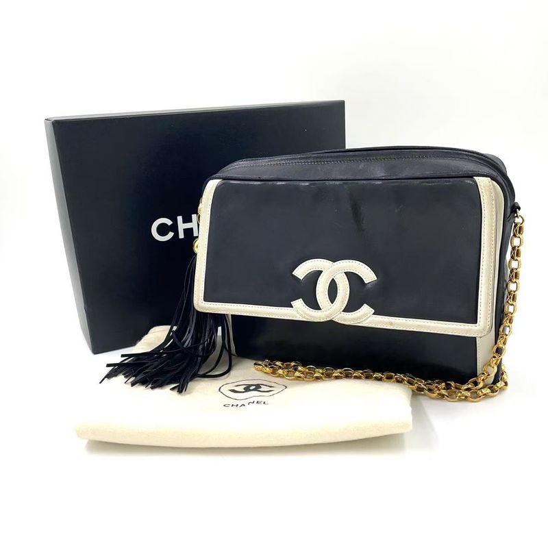 Chanel Coco Mark Serial No 2 Leather Black And White Chain Shoulder Bag Gold