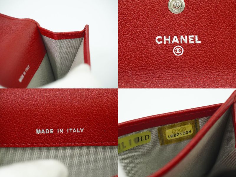 Authentic Chanel Coco Mark Camellia Card Case Business Card Holder Leather Red