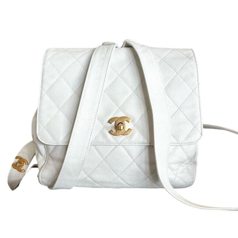 CHANEL 24K Vintage Caviar Quilted Classic Backpack White Ivory Purse