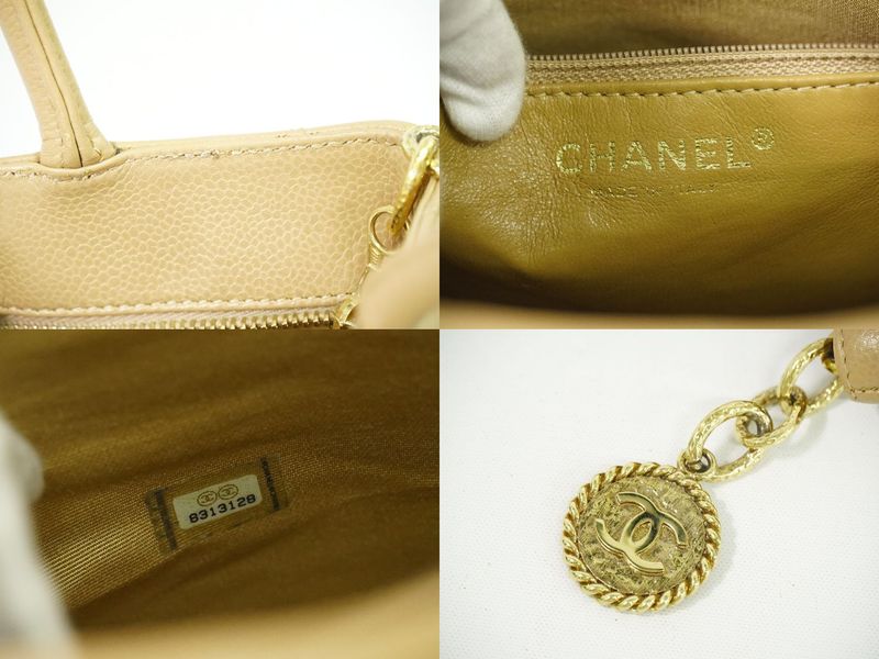 Authentic Chanel Coco Mark Revival Tote Handbag Caviar Skin Leather Beige Coco