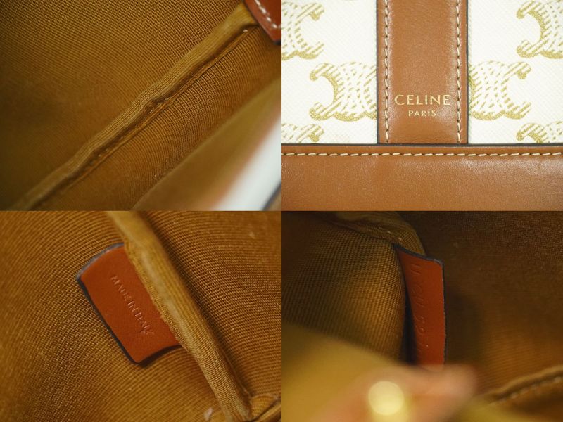 Authentic Celine Triomphe Small Bucket Shoulder Bag Pochette PVC White Brown