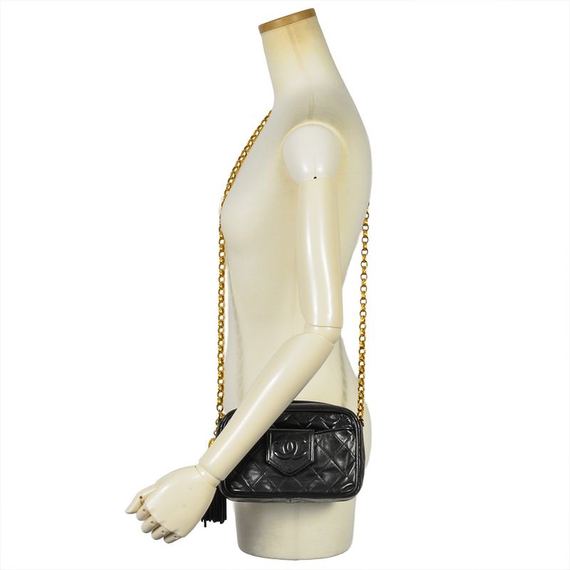 Chanel Matelasse Shoulder Bag Lambskin Black Gold Hardware Coco Mark Fringe