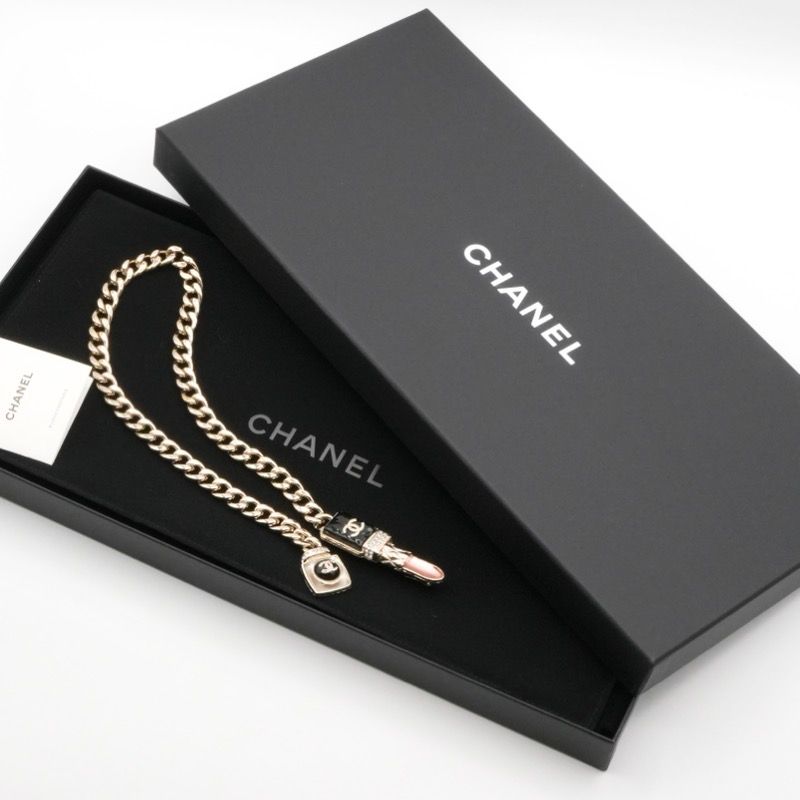 Chanel Necklace Pendant Choker Gold Black Pink Coco Mark Lip Rhinestone Chain