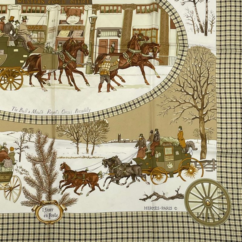 Hermes Scarf Carre 90 Lhiver EN Poste Winter Mail Coach 100% Silk Beige