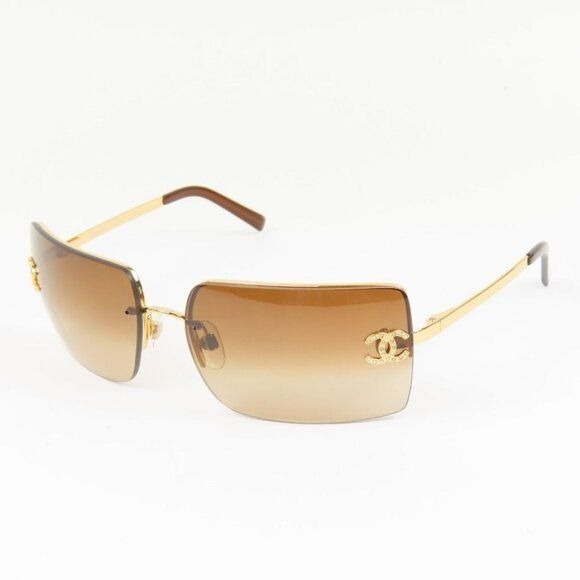 Chanel Vintage Sunglasses Rhinestone CC Logo Rimless Gradient Gold Y2K