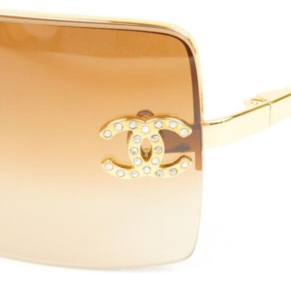 Chanel Vintage Sunglasses Rhinestone CC Logo Rimless Gradient Gold Y2K