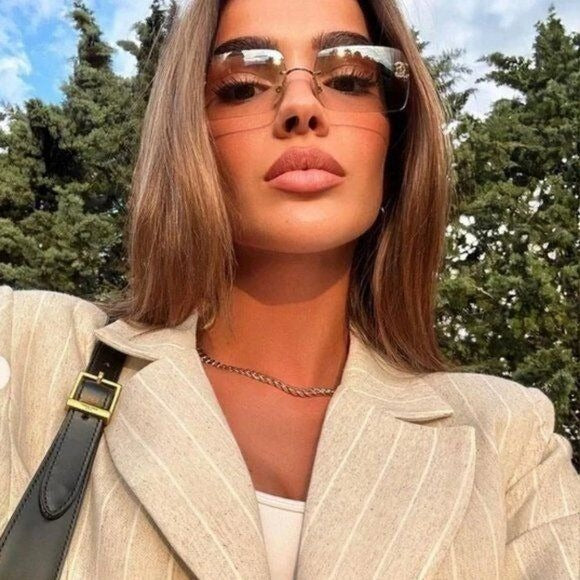 Chanel Vintage Sunglasses Rhinestone CC Logo Rimless Gradient Gold Y2K
