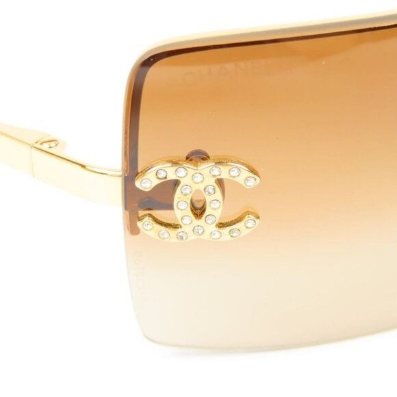 Chanel Vintage Sunglasses Rhinestone CC Logo Rimless Gradient Gold Y2K