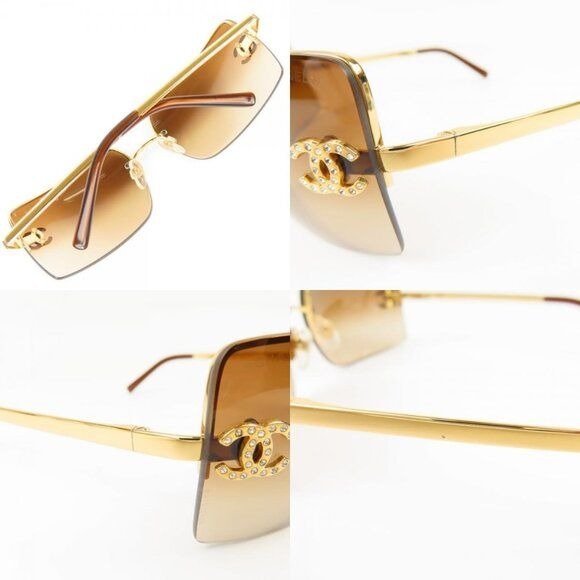 Chanel Vintage Sunglasses Rhinestone CC Logo Rimless Gradient Gold Y2K