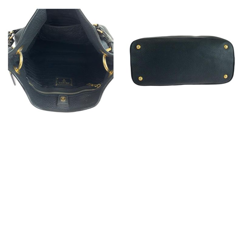Prada Vitello Dino Logo Black Gold Hardware Leather Hobo Shoulder Bag Shoulder