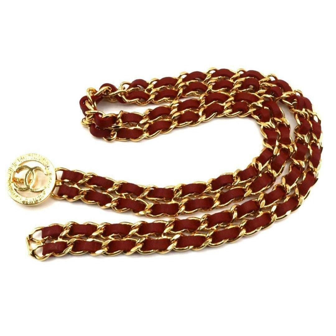 CHANEL Vintage CC Logo Leather Chain Belt Gold Red