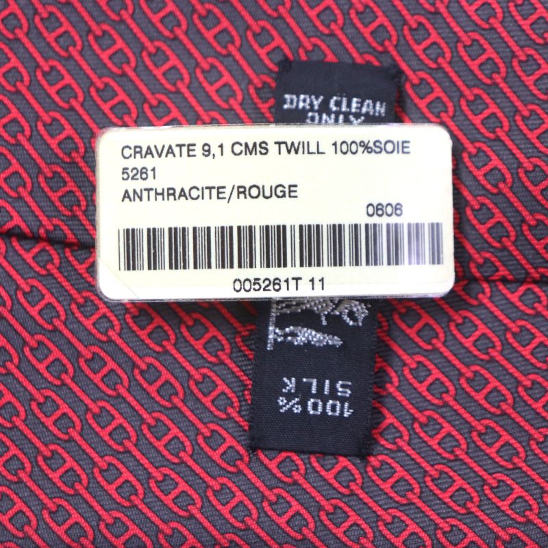 Hermes 5261 100% Silk Anthracite/rouge Cravat Chaine D'ancre Patterned Tie