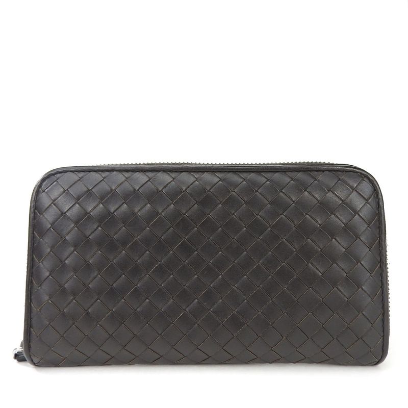 Bottega Veneta Long Wallet Intrecciato Calf Dark Brown Round Zipper Men's Men
