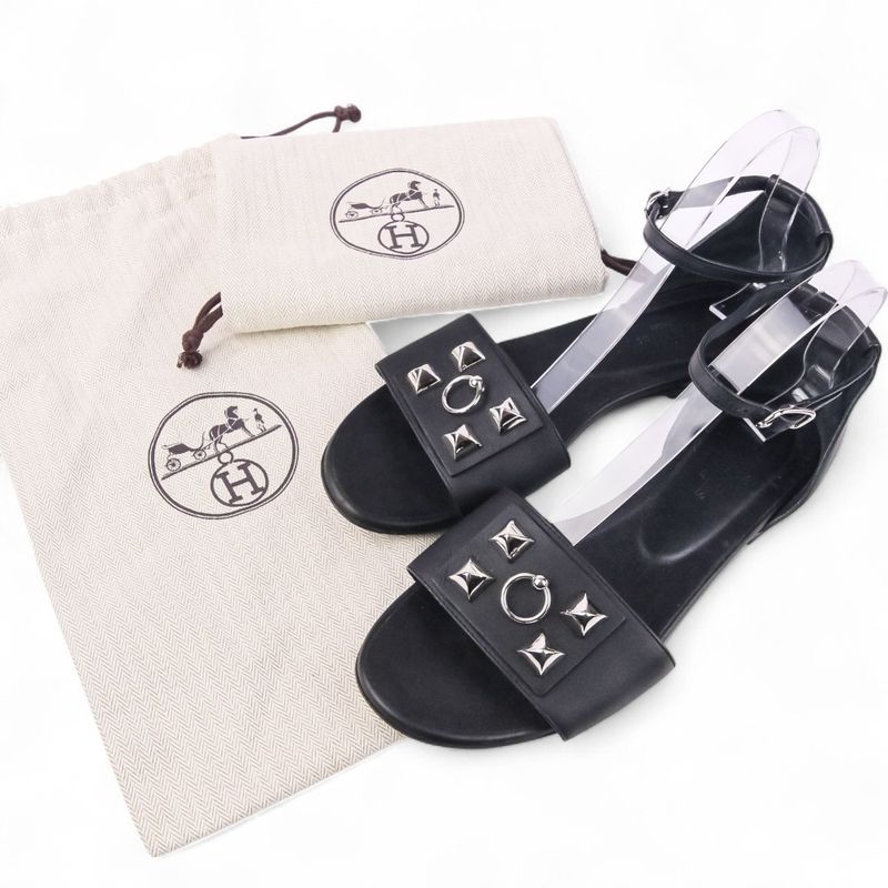 Hermes Desiree Corrie de Chien Ankle Strap Flat Sandals Size 38 About 24.5cm