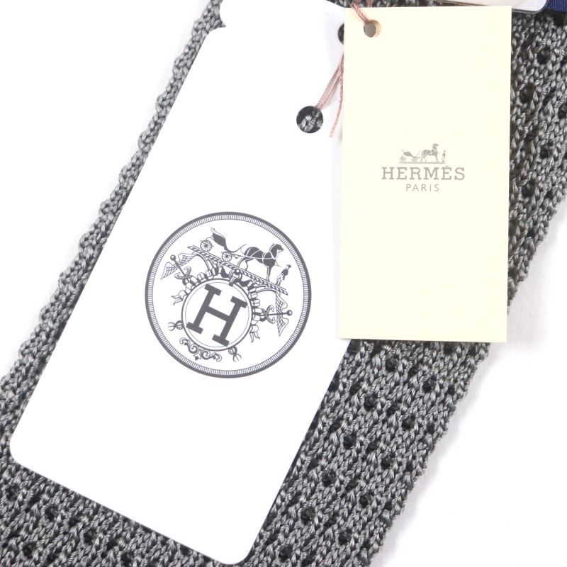 Hermes Cravate Tricot DE SOIE 100% Silk Etoupe/marine H Logo Embroidery Knit