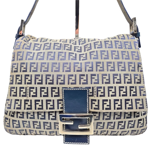 FENDI Mamma Zucca Bucket Baguette Navy Tan Flap Bag Purse Tote FF