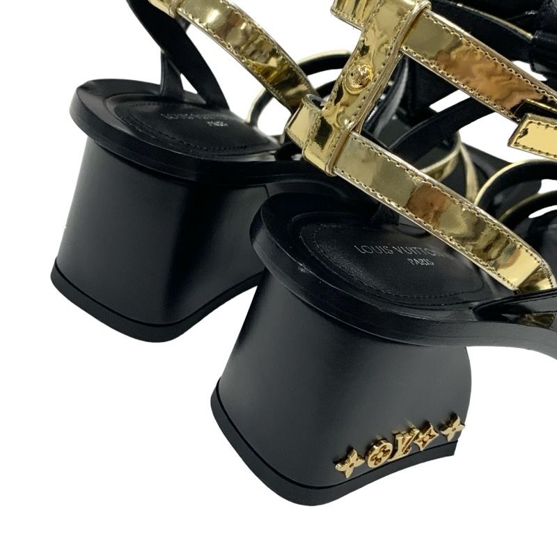 Louis Vuitton Peplum Line Monogram Sandals Shoes Patent Leather Black Gold