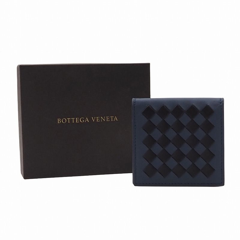 Bottega Veneta Intrecciato Calfskin Black Deep Blue Folding Coin Purse Coin