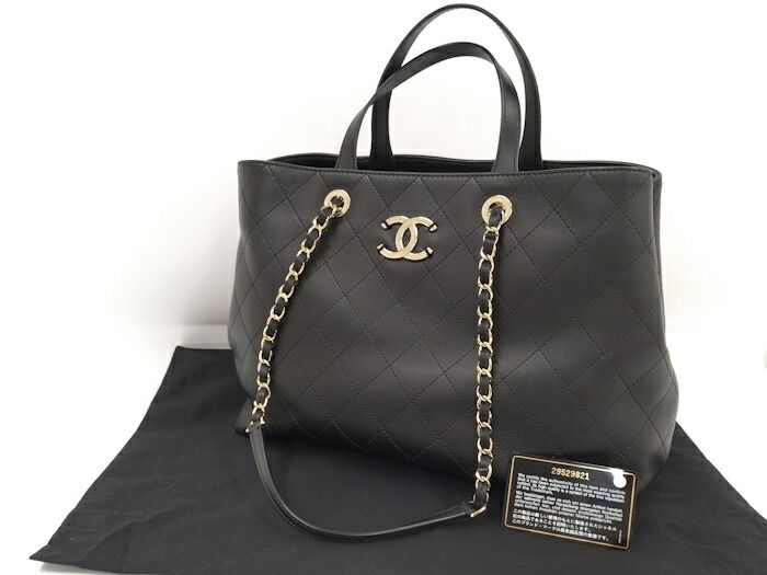 Chanel 2WAY Chain Tote Bag Coco Mark Leather Black As1434