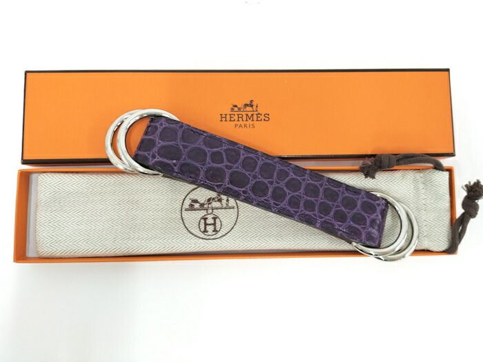 Hermes Scarf Belt Croc Leather Purple □L Engraved