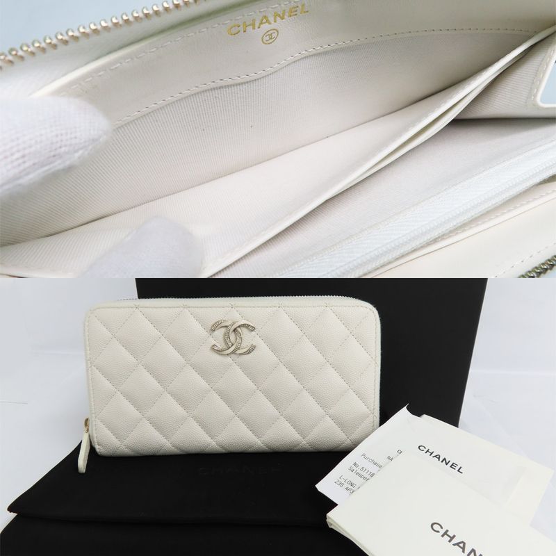 Chanel Long Zip Wallet Ap3337 Matelasse Caviar Skin White Gdhardware