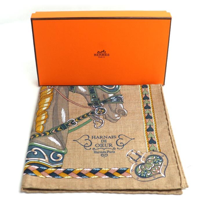 Hermes Carre 45 Gavroche Harnais DE Coeur Arnais De Coeur Scarf Caramel /