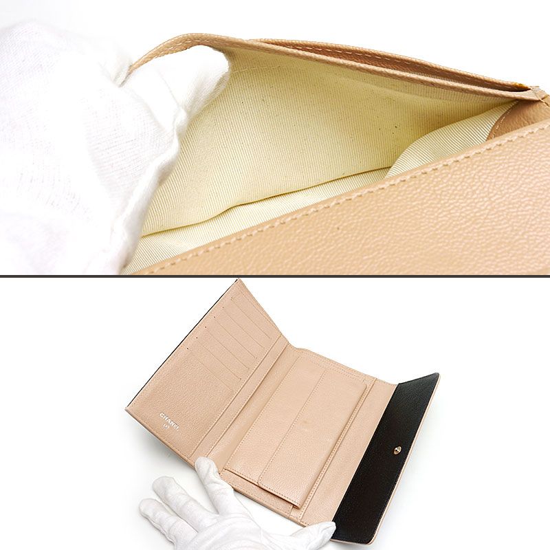 Chanel Trifold Long Wallet Bicolore Black Leather Women's Wallet