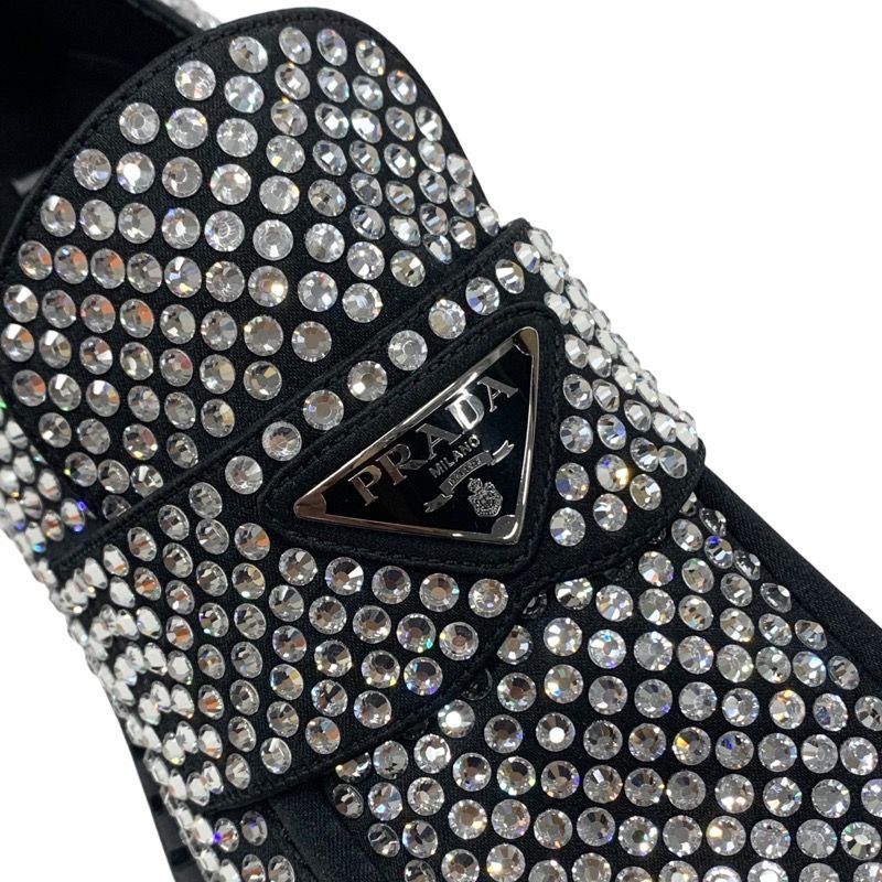 Prada Loafers Leather Shoes Satin Black Crystal Rhinestone Logo Plate Men's