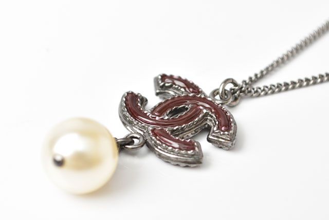 Chanel Necklace Pendant 2-way Coco Mark Pearl Motif Burgundy Gunmetal 230905