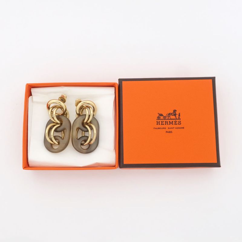 Hermes Yulidice PM Earrings Buffalo Horn Pair Brown Gold Hardware