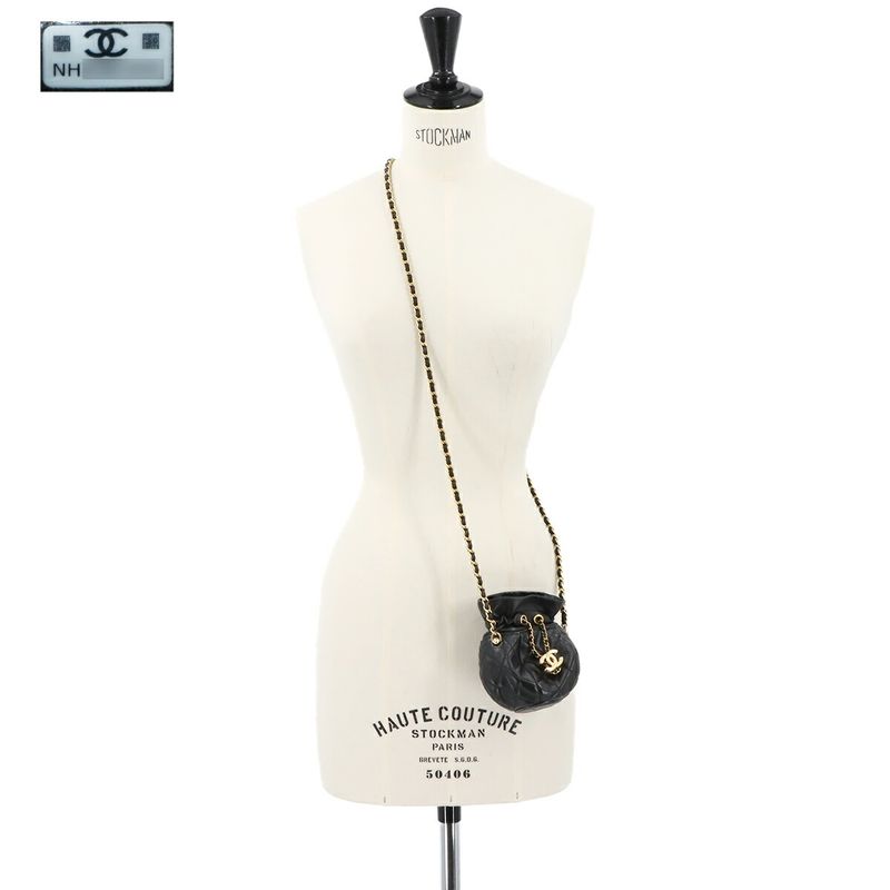 Chanel Matelasse Drawstring Chain Shoulder Bag Leather Black Matelasse Shoulder