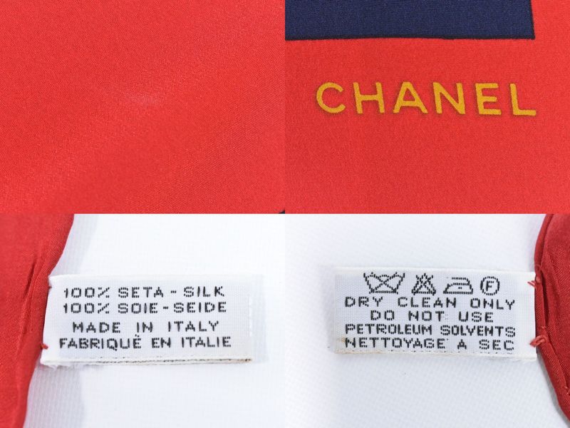 Authentic Chanel Bag Motif Scarf Shawl Bandana Silk Red Navy Multicolor