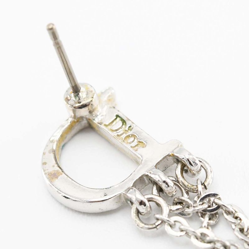 Christian DIOR Earrings Logo Rhinestone Approx 4.8g Silver Color Ladies