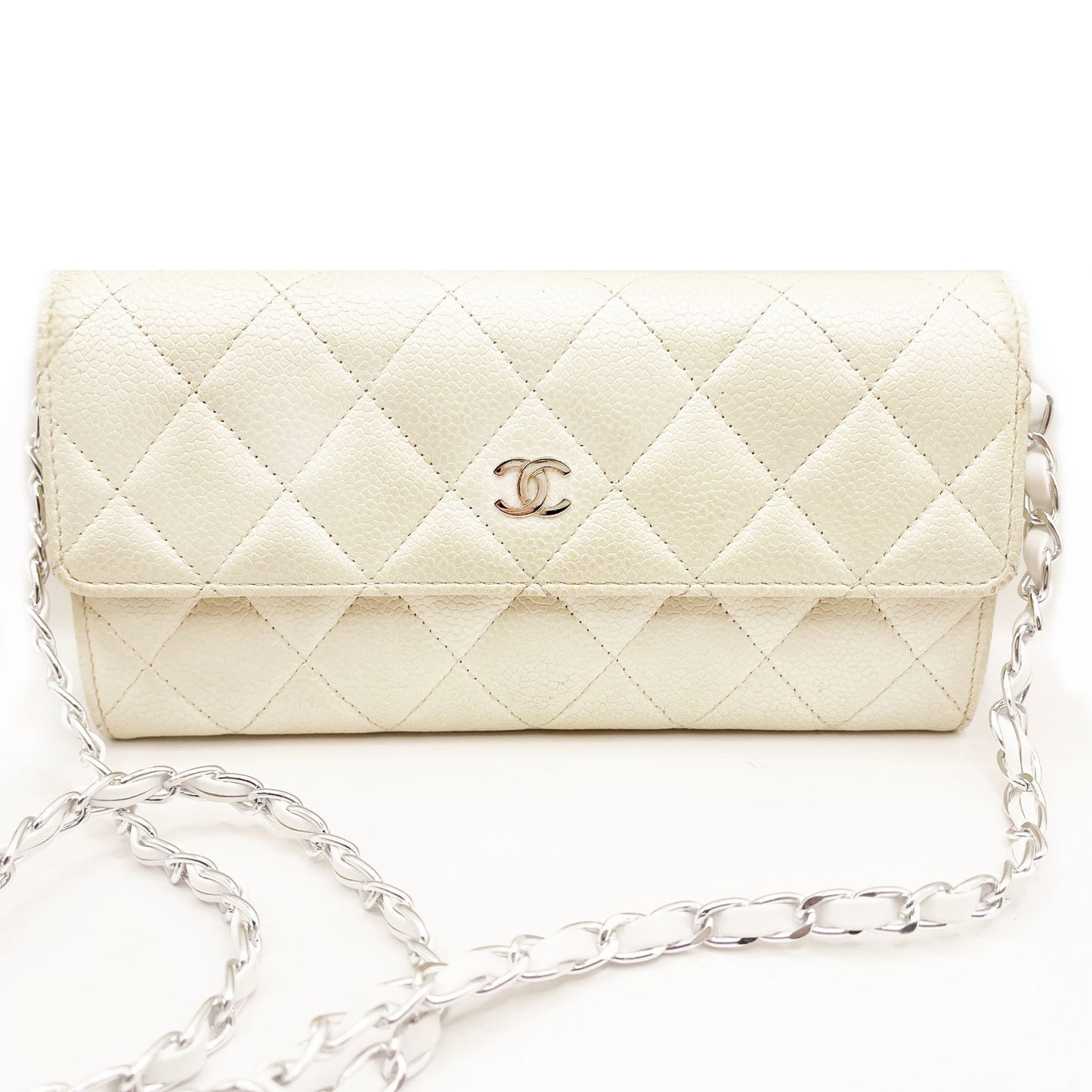 Authentic CHANEL CC Classic Timeless Caviar Flap Wallet on Chain Purse White Bag