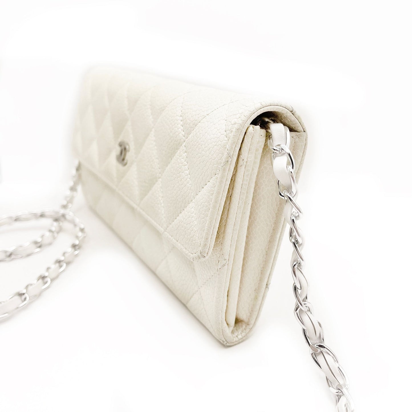 Authentic CHANEL CC Classic Timeless Caviar Flap Wallet on Chain Purse White Bag