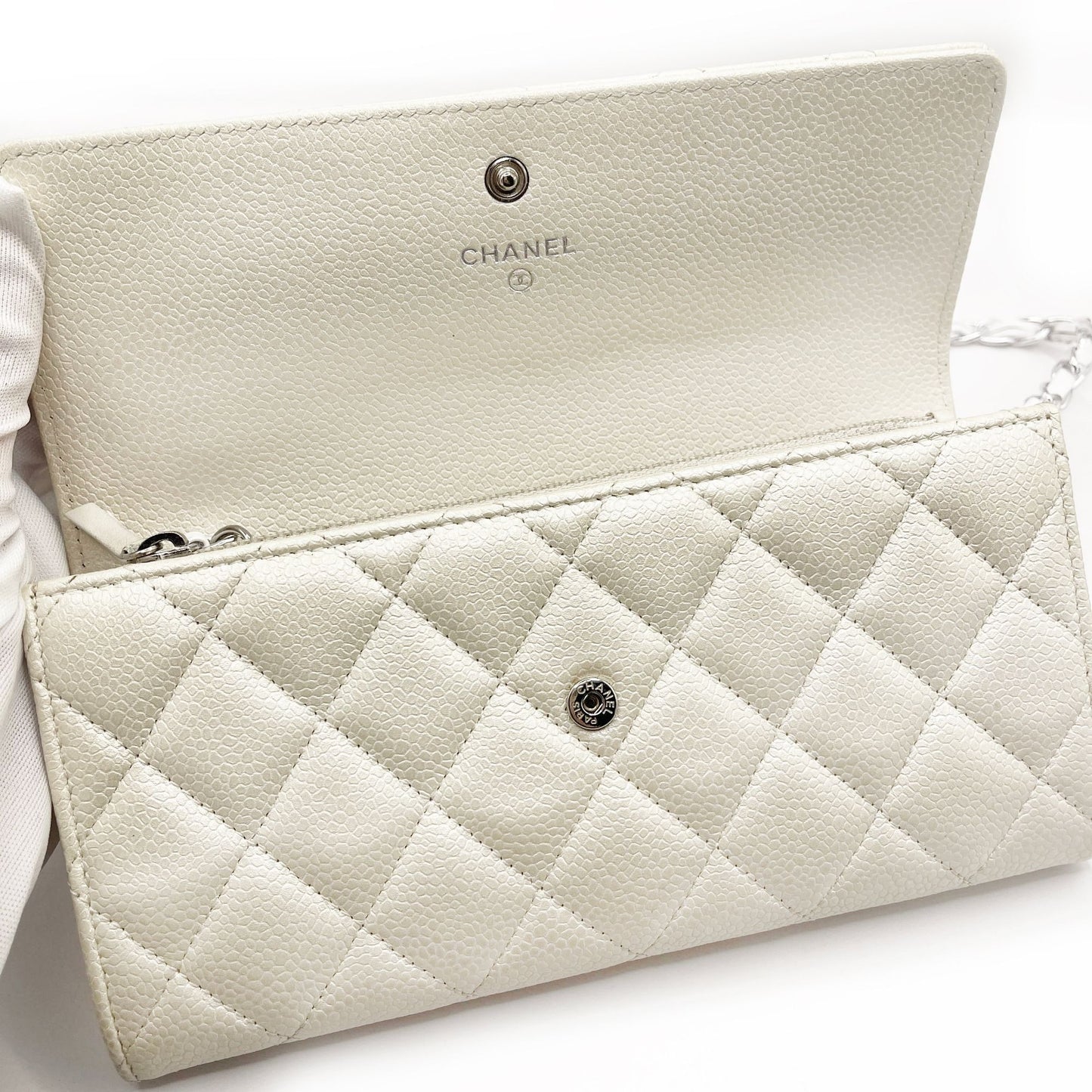 Authentic CHANEL CC Classic Timeless Caviar Flap Wallet on Chain Purse White Bag