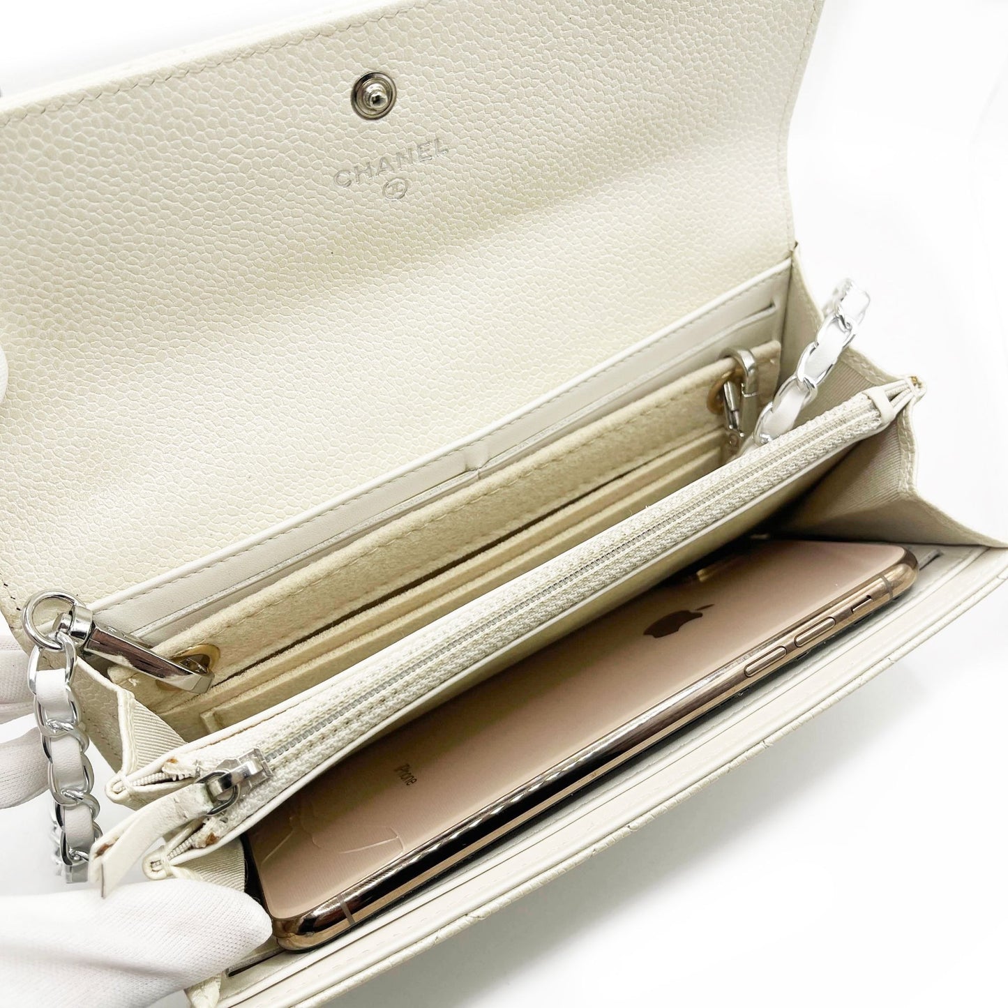 Authentic CHANEL CC Classic Timeless Caviar Flap Wallet on Chain Purse White Bag