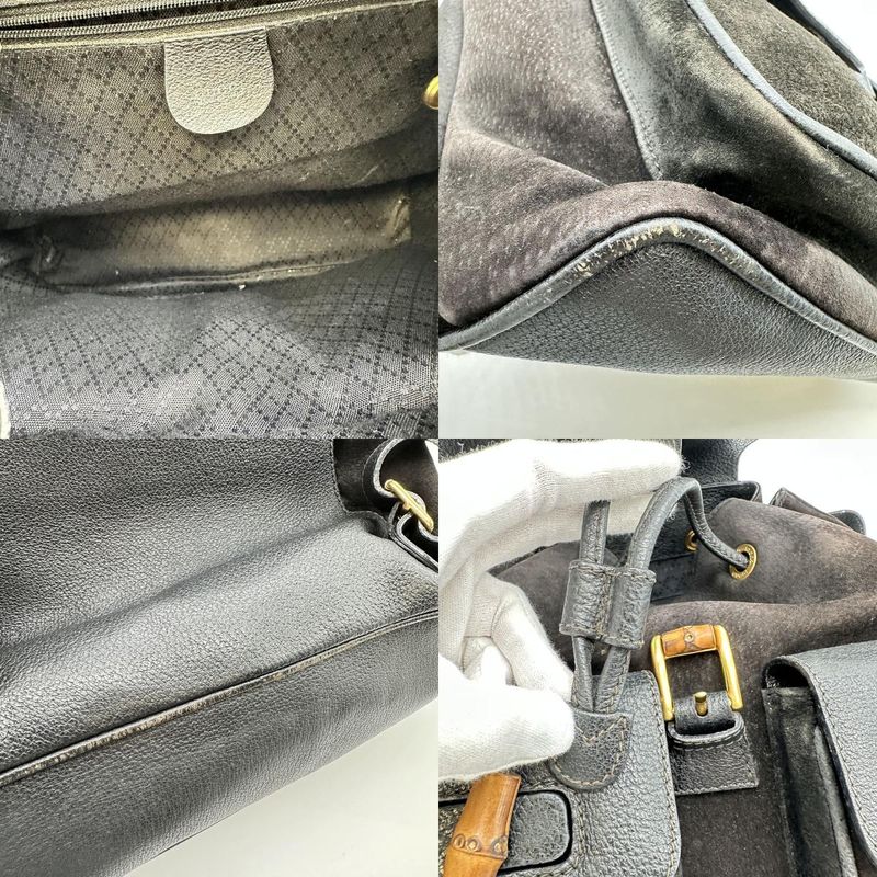 Gucci 003-2058 Bamboo Backpack Daypack Backpack Black Suede Women Men Vintage