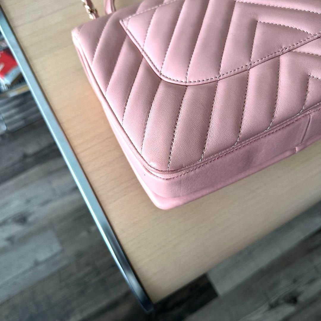 CHANEL Trendy Chevron Lambskin Quilted Dual Handle Flap Bag Pink Tote