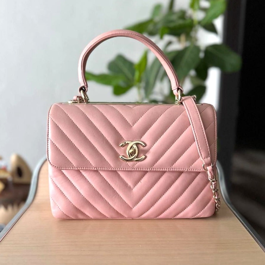 CHANEL Trendy Chevron Lambskin Quilted Dual Handle Flap Bag Pink Tote