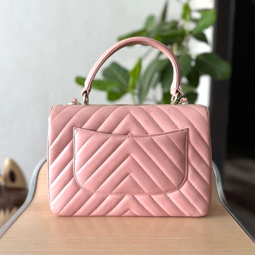 CHANEL Trendy Chevron Lambskin Quilted Dual Handle Flap Bag Pink Tote
