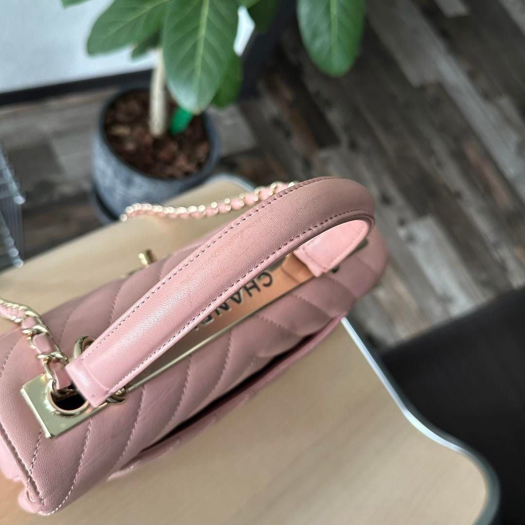 CHANEL Trendy Chevron Lambskin Quilted Dual Handle Flap Bag Pink Tote