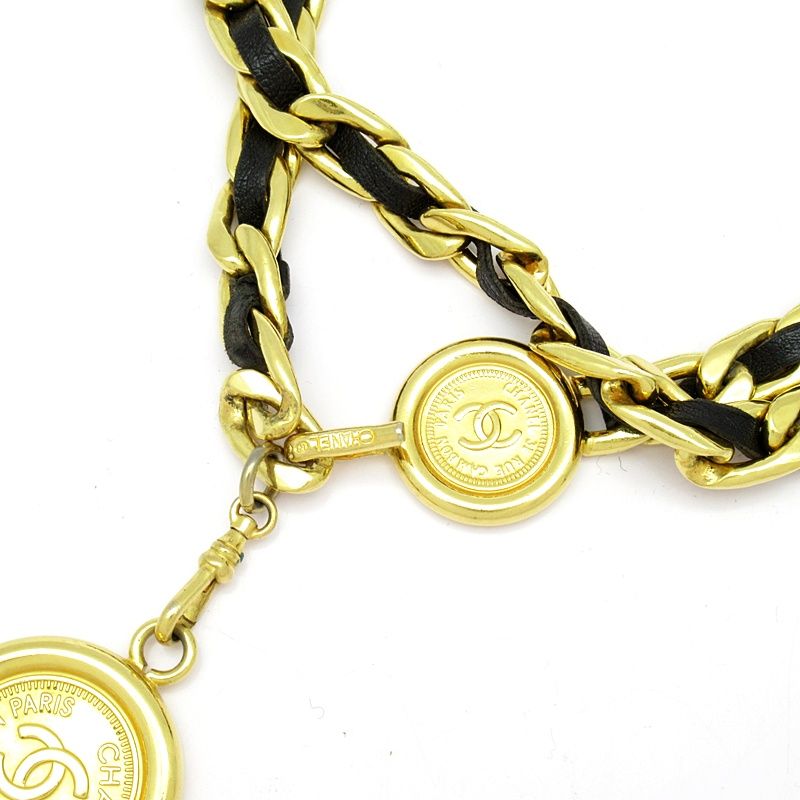 Chanel Coco Mark Coin Chain Belt Brass Leather Women Black