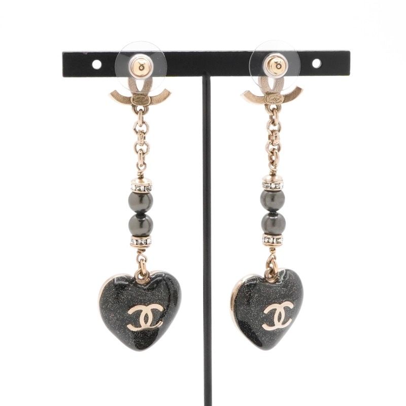 Chanel Earrings Earring Gold Black Coco Mark Heart Rhinestone