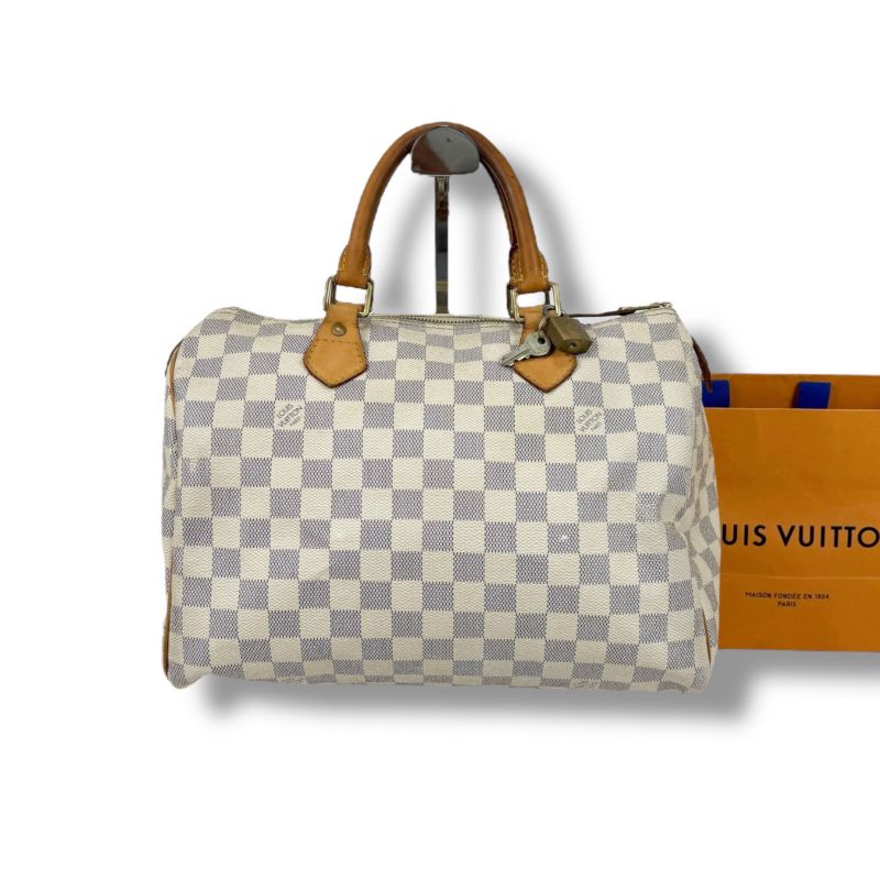 Louis Vuitton Damier Azure Speedy 30 Mini Boston Bag Handbag White Beige