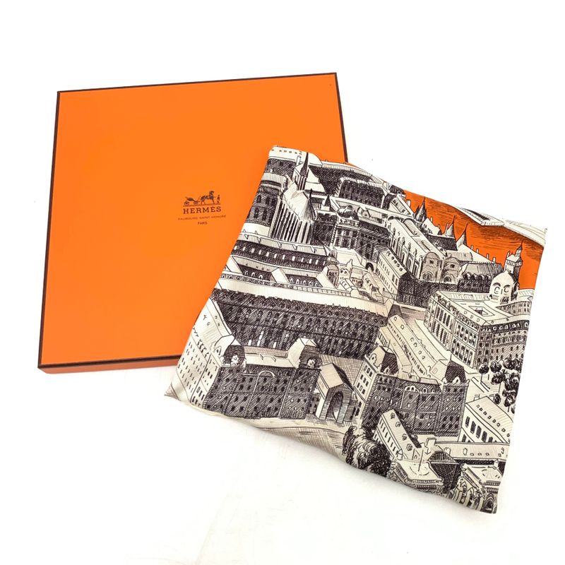 Hermes Carre 90 Regarde Paris Viewing Paris Scarf Orange
