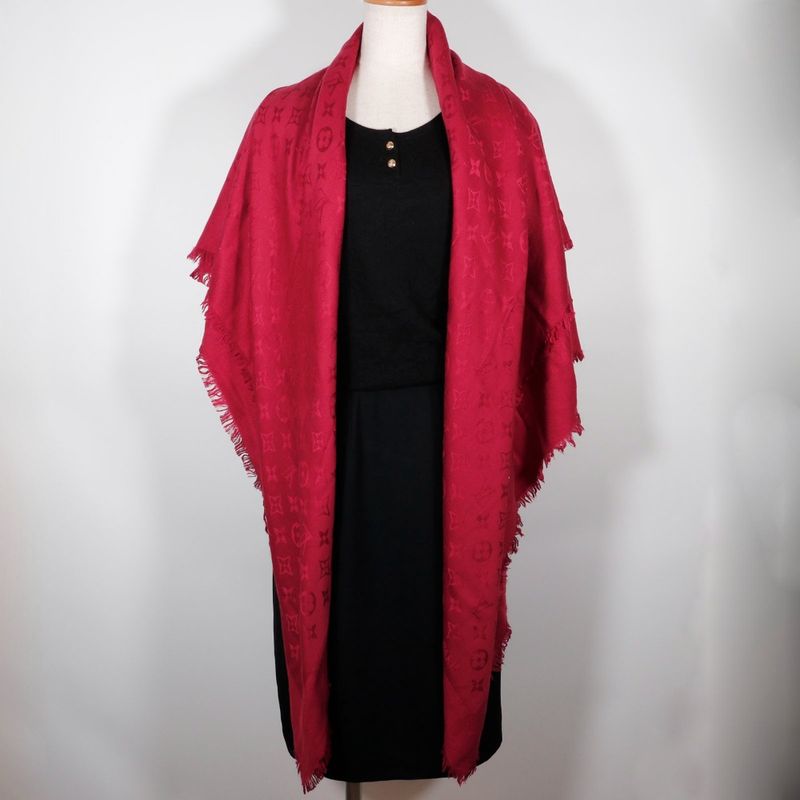 Louis Vuitton Shawl Monogram Large Scarf M72237 Silk And Wool Red Women's Stole