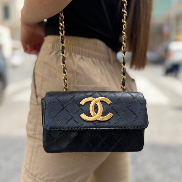 CHANEL 24K Vintage Single Flap Bag Large Coco Quilted Chain Shoulder Bag Purse