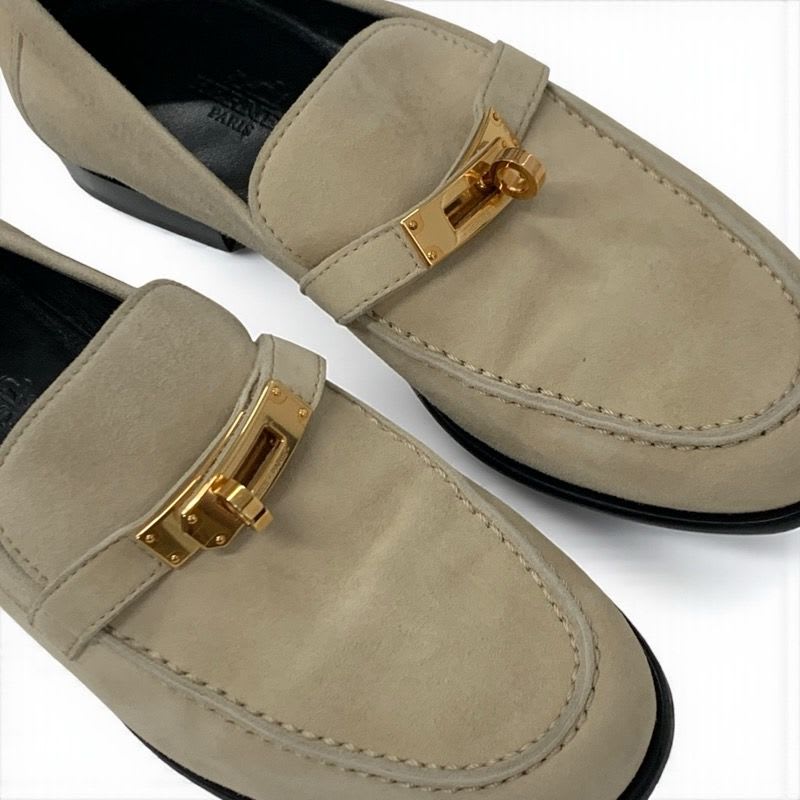 Hermes D'esting Loafers Leather Shoes Beige Gold Kelly Hardware